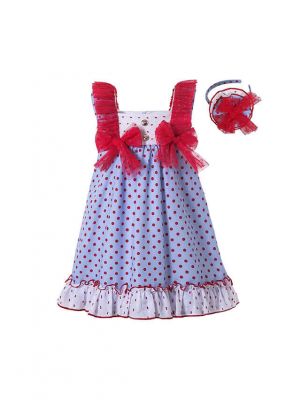 Boutique Girls Garment Dyed Red Dot With Bows Ruffles Summer Dress + Hand Headband