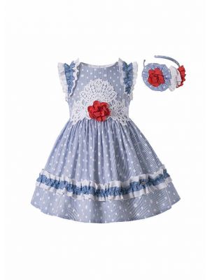 Girls Summer Plain Dyed Dot Boutique Dress With Red Flower + Hand Headband