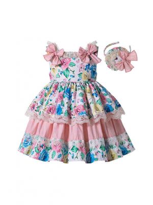 Girls Sweet Princess Flower Printed Lace Layer Dress With Bow + Hand Headband