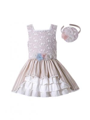 Ivory Square Collar Ruffle Flowers Princess Girls Dress + Hand Headband