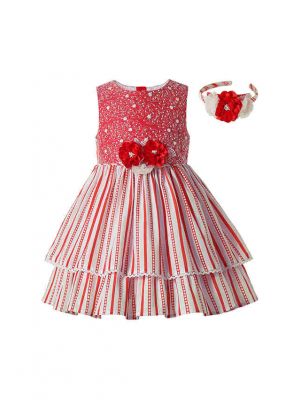 Red Striped Sweet Girls Pearls Ruffles Layered Dress With Flowers+ Hand Headband