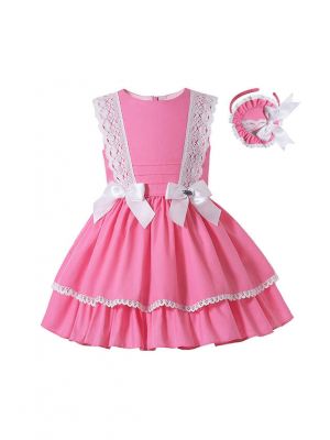 Summer Girls Sweet Coral Pink Garment Dyed Ribbon Bows Layered Dress + Hand Headband