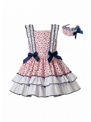 Sweet Pink Floral Print Girls Layered Dress With Cute Bows + Hand Headband