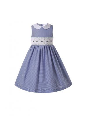 Summer Soft Blue Sleeveless Smocked O-neck Girls Dresses