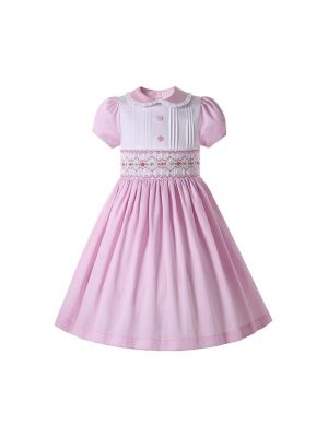 Girls Sweet Short Sleeve Pink Smocked Dress