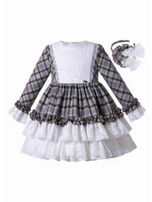 Grey & White Plaid Kids Lace Autumn Children Girls Boutique Princess Dress + Handmade Headband