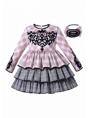 Pink Plaid Print Delicate Lace Layer Girls Children Clothes Boutique Dress + Handmade Headband