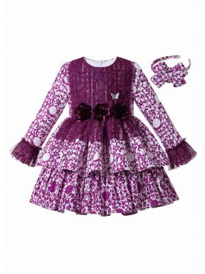 Purple Girls Autumn Flower Print Cotton Boutique Layer Dress + Hand Headband