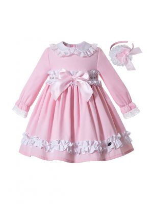 Autumn Pink Girls Ruffles Lace Kids Sweet Three Quarter Sleeves Dress + Hand Headband