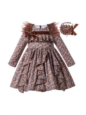 Vintage Girls Feather Flower Ruched Children Boutique Dress + Handmade Headband