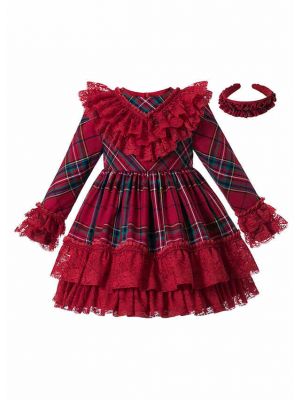 Vintage Autumn Red Tartan Garment Dyed Lace Boutique Kids Dress + Hand Headband