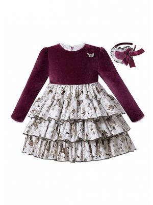 Velvet Flower Print Kids Clothing Butterfly Brooch Girls Layered Dress + Handmade Headband