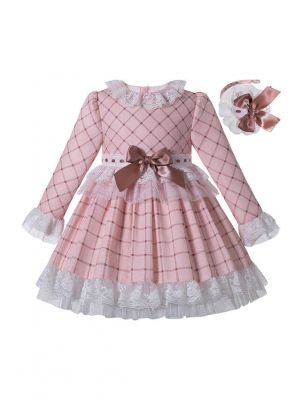 Macaron Pink Check Sweet Layered Girls Lace Boutique Autumn Dress + Handmade Headband