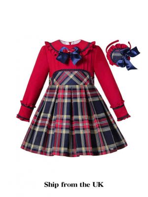 (UK Only) Autumn Girls Preppy Style O-Neck Plaid Red Dress With Bow