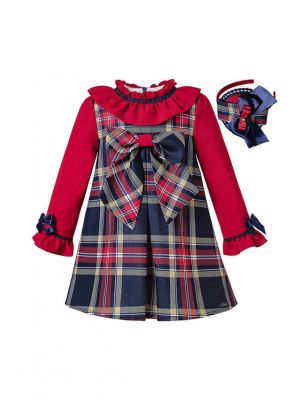 Autumn Red Girls Double-layered Plaid Dress With Bow