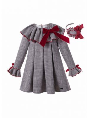 Grey Check Garment Dyed Double-layered Boutique Girls Vintage Dress With Red Bow + Hand Headband