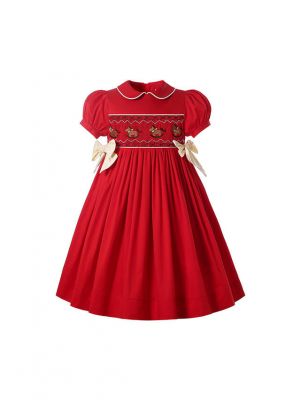 Autumn & Winter Christmas Red Girls Short Sleeve Smocked Dress