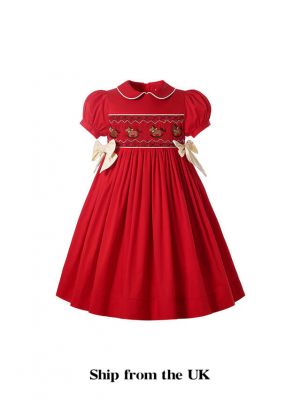 (UK Only) Autumn & Winter Christmas Red Girls Short Sleeve Smocked Dress