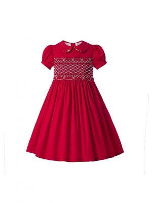Boutique Girl Princess Embroidered Red Short-Sleeve Smocked Dress