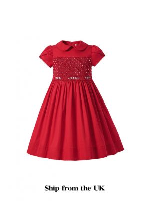 (UK Only) Girl Cute handmade Embroidered Red smocked Dress