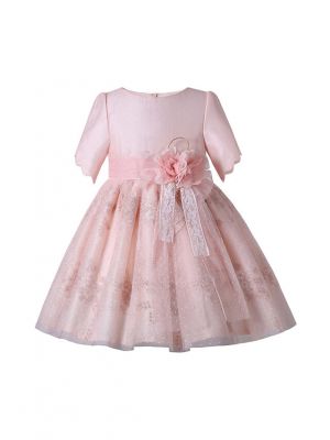 Peach Color Short Sleeve Floral Lace Tulle Dress