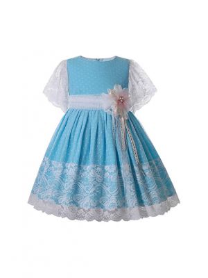 Spring & Summer Sweet Chiffon Flower Lace Dots Crewneck Girls Blue Dress