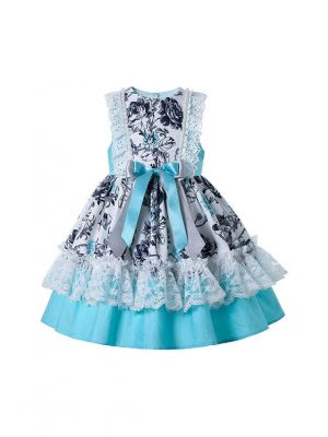 Cyan-Blue Sleeveless Flower Patterns Lace Girls Dress