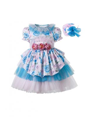 Lantern Sleeve Double-layered Chiffon Pink & Blue Dress + Handmade Headband