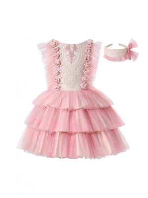 Summer Blush Pink Rose Embroidery Chiffon Three-Layered Dress + Handmade Headband