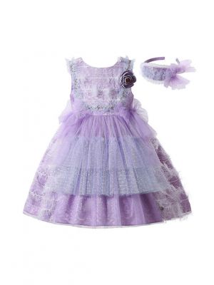 Summer Purple Lace Flower Feather Girls Dress + Handmade Headband