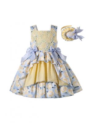 Floral Pattern Lace Blue Bows Girls Easter Yellow Dress + Headband