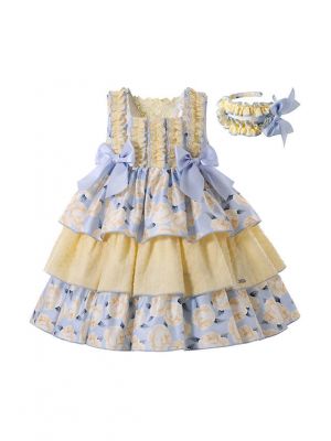 Vintage Square Collar Bows Girls Yellow Easter Dress + Headband