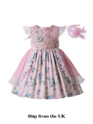 (UK Only) Sundress Girls Printed Lifelike Flower Patterns Ruffle Princess Dress + Handmade Headband