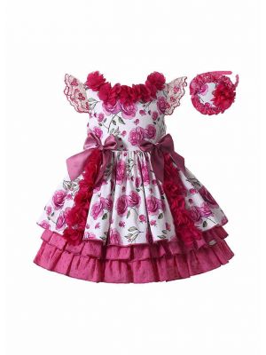 Girls Rose Red Flowers Patterns Ornament Bows Ruffle Hem Dress + Handmade Headband