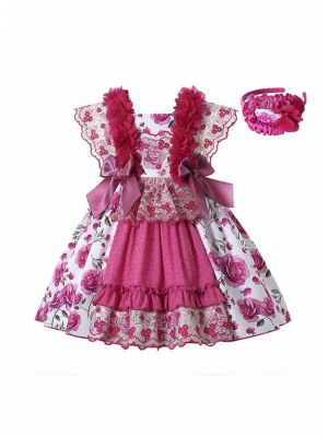 (3Y 4Y 5Y only)Rose Red Floral  Lace Girls Dress +  Headband