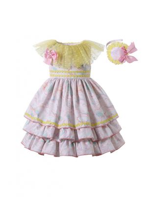 Easter New Arrival Pink Print Double-layered Bows Girls Yellow Dress + Headband
