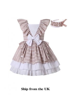 (UK Only)Khaki Striped Lace Hem Dress + Handmade Headband