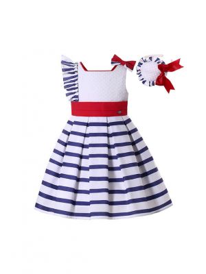 Girls Sleeveless White & Blue Striped Dress + Handmade Headband