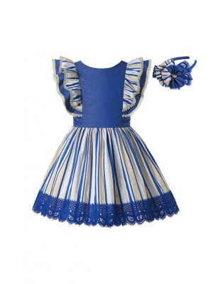 Girls Blue & Cream Striped Summer Dress + Headband