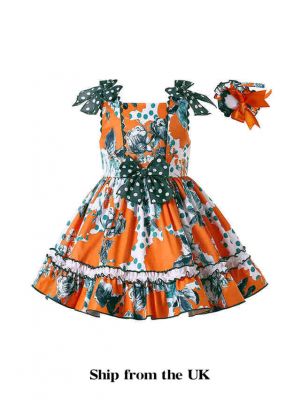 (UK Only) Orange Summer Printed Knee-length Sleeveless Dress + Handmade Headband