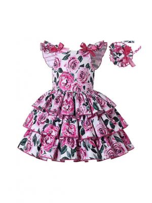 Stunning Rose Patterns Girls A-line Dress + Handmade Headband