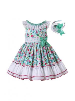 Green Floral Double-layered Collar Girls A-line Dress + Handmade Headband