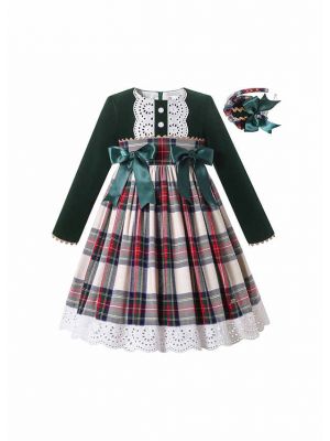 Christmas Deep Green Long Sleeve Plaid Dress + Handmade Headband