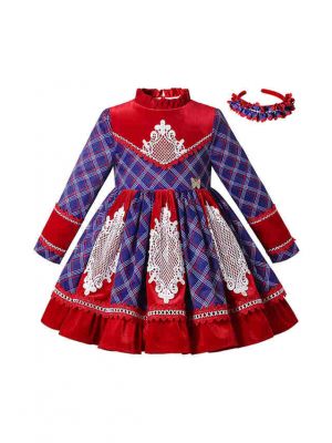 Fall & Winter Crew Neck Vintage Girls Dress + Handmade Headband