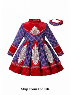 (UK ONLY)Fall & Winter Crew Neck Vintage Girls Dress + Handmade Headband