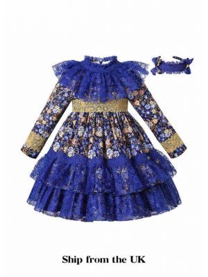 (UK Only) Blue Long Sleeve AW Girls Lace Floral Dress + Handmade Headband