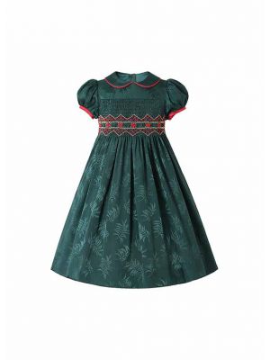 Christmas Green Girls Short Sleeve Smocked Dress