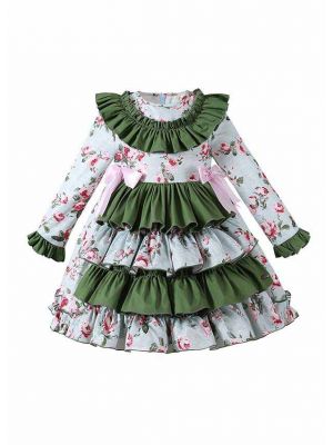 Blue and Green Layered Cake Dress with Printed Flower