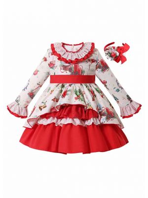 Red & White Printed Girls Dress with Christmas Vibes + Handmade Headband