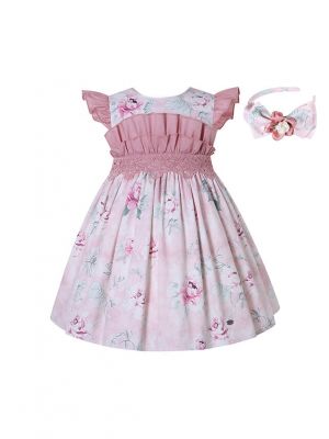 Girls Crewneck Sleeveless Floral Patterns Pink Dress + Handmade Headband